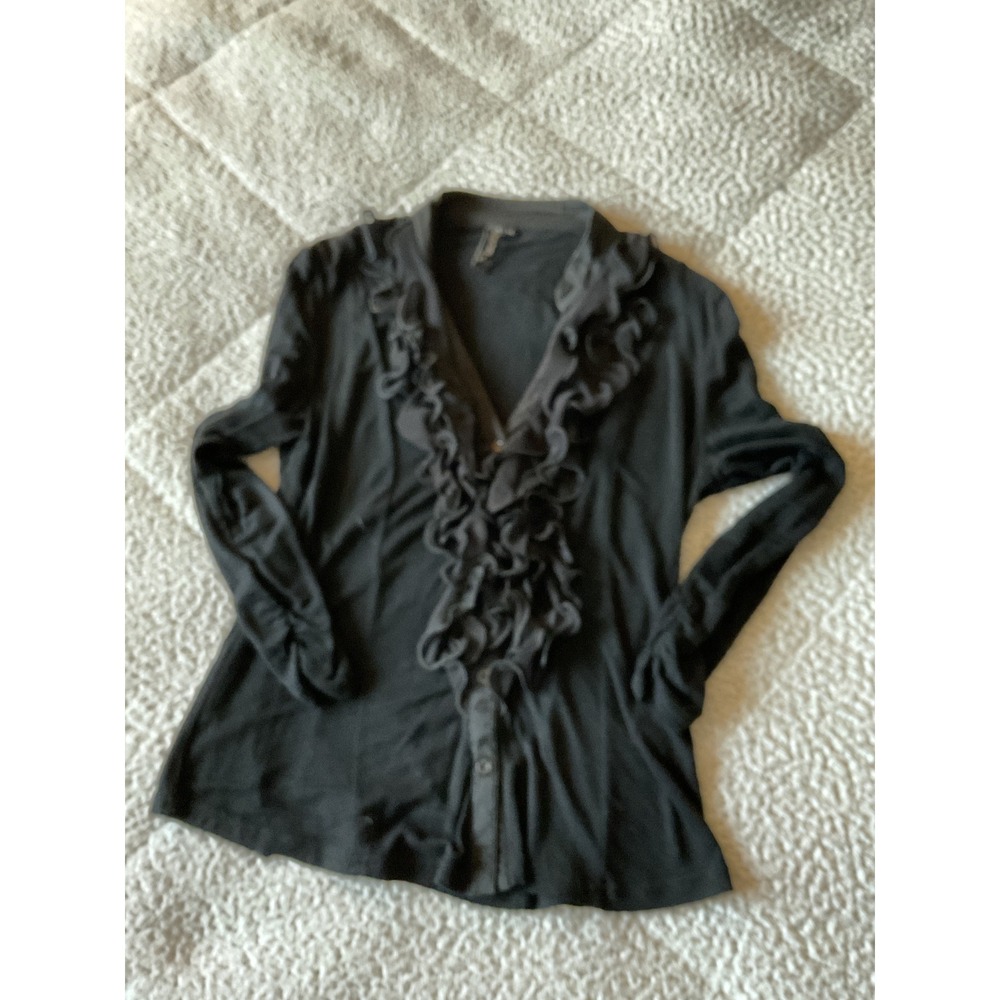 Colori Ruffle Blouse Womens Large Black Excellent Long Sleeve V-Neck Button Up